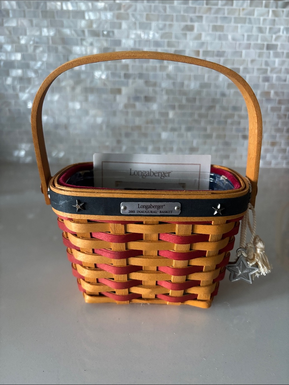 Longaberger Yellow and Red Woven Basket with Black Trim